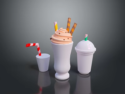 Creamy Orange Ice Cream In Tall Glass With Candy Sticks Small Cups And Striped Straw 3d model