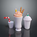 Creamy Orange Ice Cream In Tall Glass With Candy Sticks Small Cups And Striped Straw
