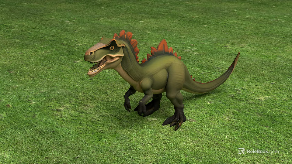 Green Dinosaur Doll With Red Spines Standing On Lush Green Grass 3d model 
