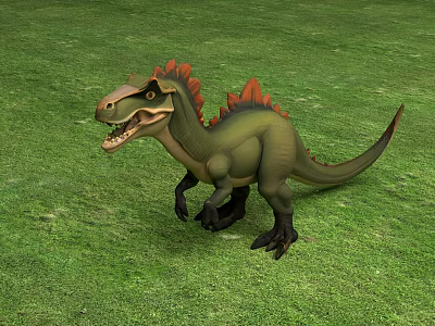 Green Dinosaur Doll With Red Spines Standing On Lush Green Grass 3d model