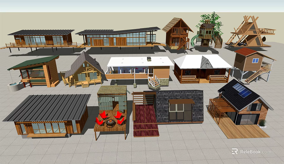 Diverse Guesthouse Buildings Featuring Various Architectural Styles Wooden Terraces And Solar Panels 3d model 