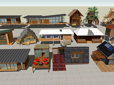 Diverse Guesthouse Buildings Featuring Various Architectural Styles Wooden Terraces And Solar Panels 3d model