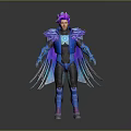 Fantasy Character With Purple Hair And Blue Feathered Costume