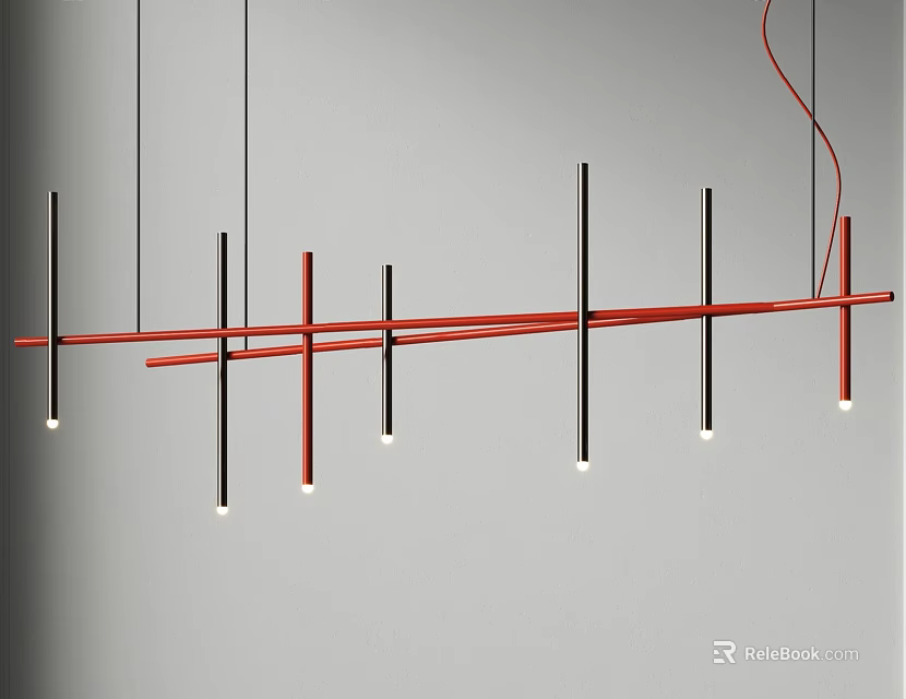 Modern Pendant Light With Red And Black Metal Bars And Multiple Light Sources 3d model 