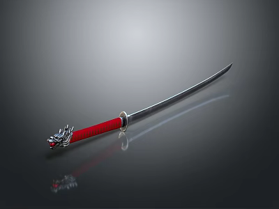 Traditional Japanese Katana Weapon With Red Handle Silver Blade And Dragon Ornament 3d model