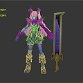 Fantasy Female Character In Blue Purple Armor With Horns Long Hair And Large Blue Sword