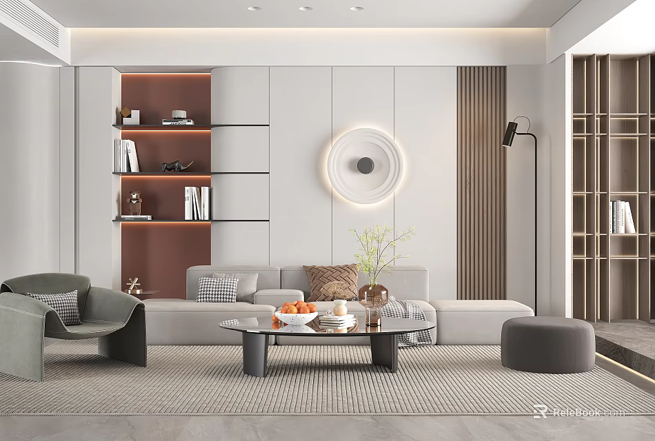Modern Living Room Interior With Sofa Coffee Table Circular Light Floor Lamp And Decorative Shelf 3d model 