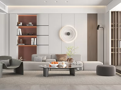 Modern Living Room Interior With Sofa Coffee Table Circular Light Floor Lamp And Decorative Shelf 3d model