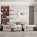 Modern Living Room Interior With Sofa Coffee Table Circular Light Floor Lamp And Decorative Shelf