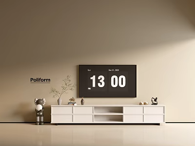 Modern White TV Stand With TV Decorations Plant And Stuffed Bear On Beige Wall 3d model