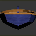 Wooden Small Boat With Blue Hull And Orange Seats For Water Transportation