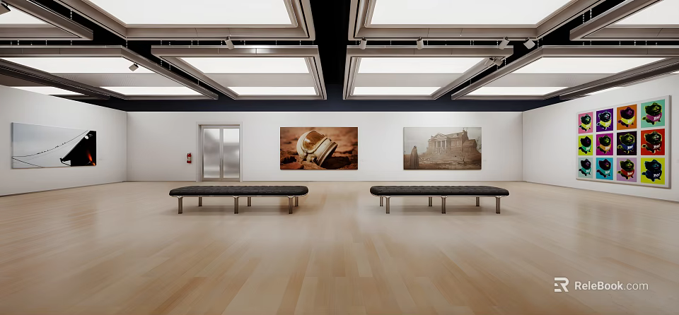 Cultural Art Gallery Interior With Hanging Paintings Wooden Flooring Benches And Ceiling Lights 3d model 