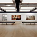 Cultural Art Gallery Interior With Hanging Paintings Wooden Flooring Benches And Ceiling Lights