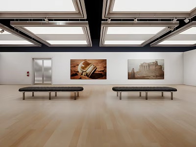 Cultural Art Gallery Interior With Hanging Paintings Wooden Flooring Benches And Ceiling Lights 3d model
