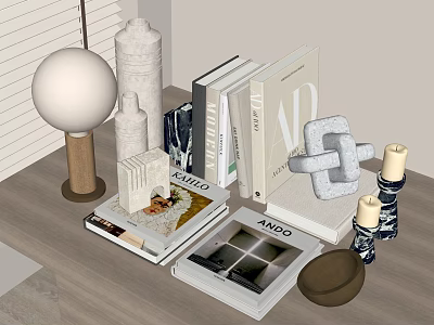 Decorative Ornament Set With Books Sphere Geometric Decor And Candles On Tabletop 3d model
