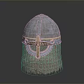 Medieval Historical Metal Helmet Featuring Golden Decorative Element And Chainmail Visor
