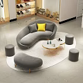 Modern Curved Sofa And Coffee Table Set With Yellow Cushion Grey Ottomans And Gold Legs