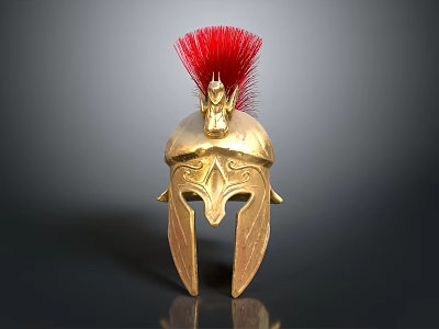 Ancient Warrior Helmet With Red Bird Plume And Golden Engraved Patterns 3d model