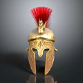 Ancient Warrior Helmet With Red Bird Plume And Golden Engraved Patterns