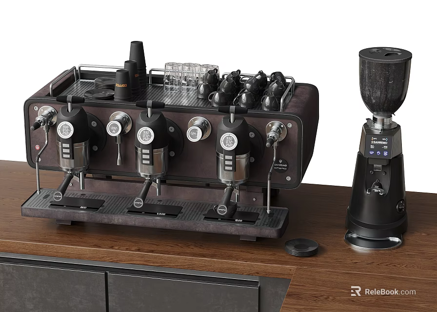 Professional Kitchen Appliances Three Head Espresso Machine Dark Brown And Black On Wooden Countertop 3d model 
