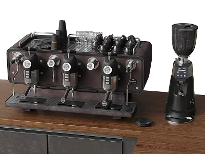 Professional Kitchen Appliances Three Head Espresso Machine Dark Brown And Black On Wooden Countertop 3d model