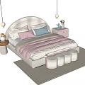 Kids Room Interior Design with Curved Headboard Bed Colorful Pillows and Footstools