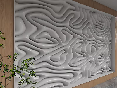 Modern White Wavy Texture Background Wall Interior Design With Wooden Accents 3d model
