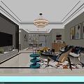 Modern Living Dining Room Interior Design With Chandelier Dining Table And Hexagonal Wall Art