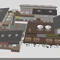 Ancient Architecture Courtyard Layout Featuring Sloped Tile Roofs And Wooden Tables Chairs