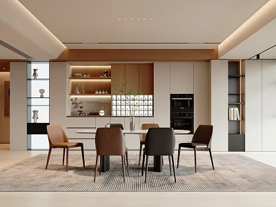 Modern Restaurant Interior Featuring Dining Table Brown Chairs Neutral Lighting And Area Rug 3d model