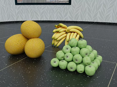 Fresh Honeydews Bunch of Bananas and Green Apples on Black Countertop 3d model
