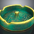 Green And Gold Ceramic Ashtray With Bowl Shape Central Pedestal And Branch Patterns