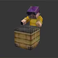 Minecraft Style Character With Purple Hair And Yellow Shirt Interacting With Wooden Chest