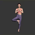 Woman Practicing Yoga In Tree Pose With Pink Top And Purple Leggings