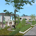 Elegant Garden Landscape Featuring Pavilion Circular Design Trees And Stone Path 3d model