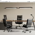 Minimalist Modern Office Desk Featuring Three Black Chairs Desk Lamp And Ceiling Lights