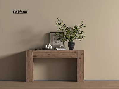 Modern Wooden Console Table with Green Plant Picture Frame and Decorative Items in Natural Home Entryway 3d model