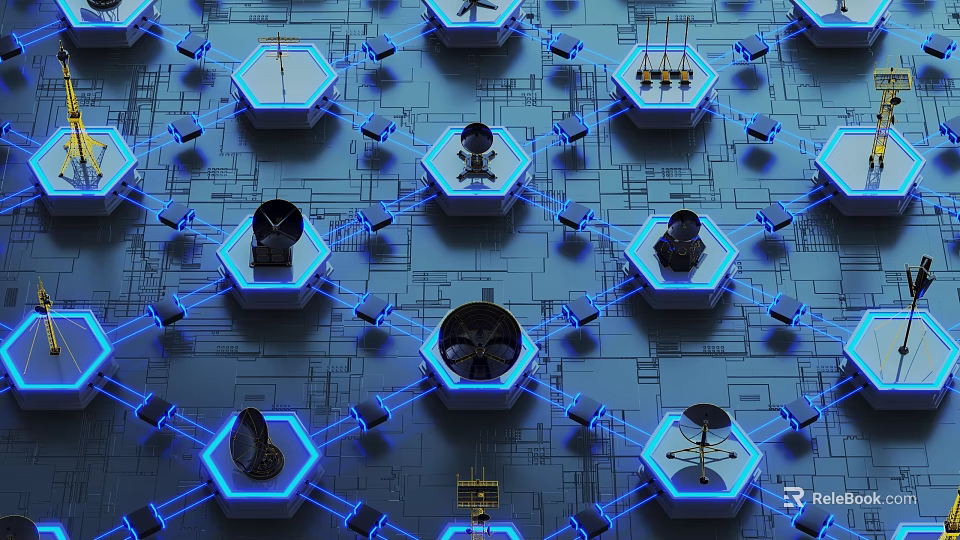 Modern Metallic Hexagonal Decorative Ornament Set With Blue Light And Circuit Design 3d model 