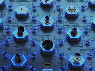 Modern Metallic Hexagonal Decorative Ornament Set With Blue Light And Circuit Design 3d model