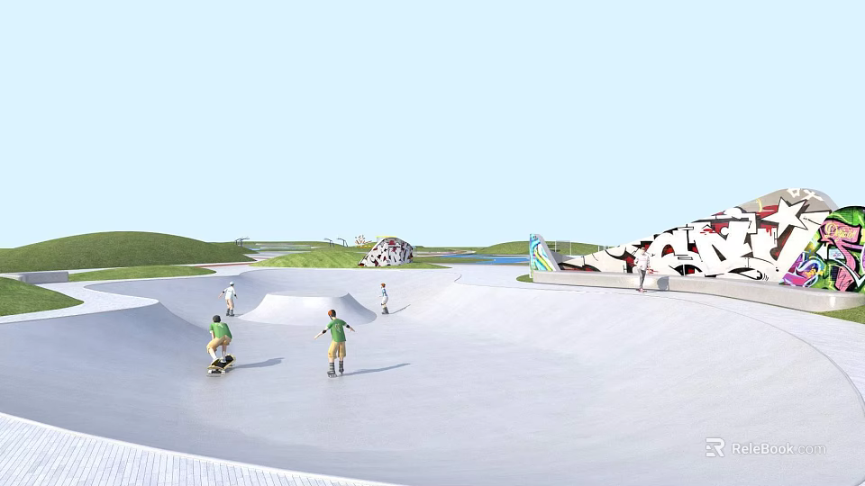 People Practicing Skateboarding Fitness At Modern Skate Park With Green Grass 3d model 