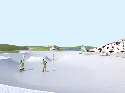 People Practicing Skateboarding Fitness At Modern Skate Park With Green Grass 3d model