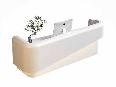 Modern White Curved Reception Desk With Apple iMac And Potted Plant 3d model