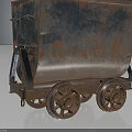 Rusted Vintage Mine Cart With Spoked Wheels On Dark Reflective Surface
