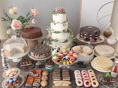 Assorted Dessert Display With Multi Layer Cake Chocolate Cake Macarons Cookies Donuts And Flowers 3d model