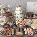 Assorted Dessert Display With Multi Layer Cake Chocolate Cake Macarons Cookies Donuts And Flowers 3d model