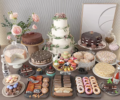 Assorted Dessert Display With Multi Layer Cake Chocolate Cake Macarons Cookies Donuts And Flowers 3d model