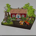 Red House With Red Roof White Windows Green Trees Windmill Tractor And Pumpkins