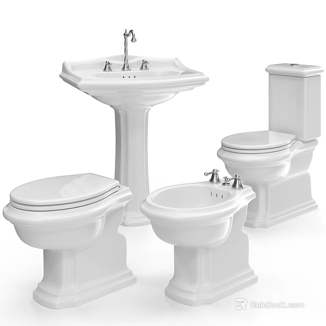 Elegant White Ceramic Toilet With Bidet Pedestal Sink And Bathroom Fixtures 3d model 