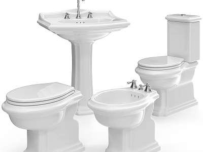 Elegant White Ceramic Toilet With Bidet Pedestal Sink And Bathroom Fixtures 3d model