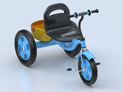 Children's Blue Tricycle With Black Seat Yellow Bucket And Sturdy Wheels 3d model